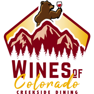 Wines of Colorado - Creekside Dining logo with mountains and bear drinking wine.
