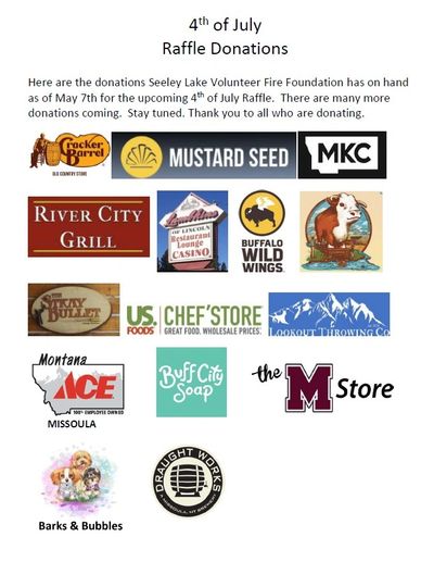 Flyer listing donations from local businesses for 4th of July raffle.