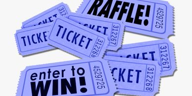 Blue raffle tickets scattered with "enter to WIN!" text.