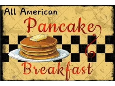 Vintage sign advertising All American pancake breakfast with pancakes and butter.
