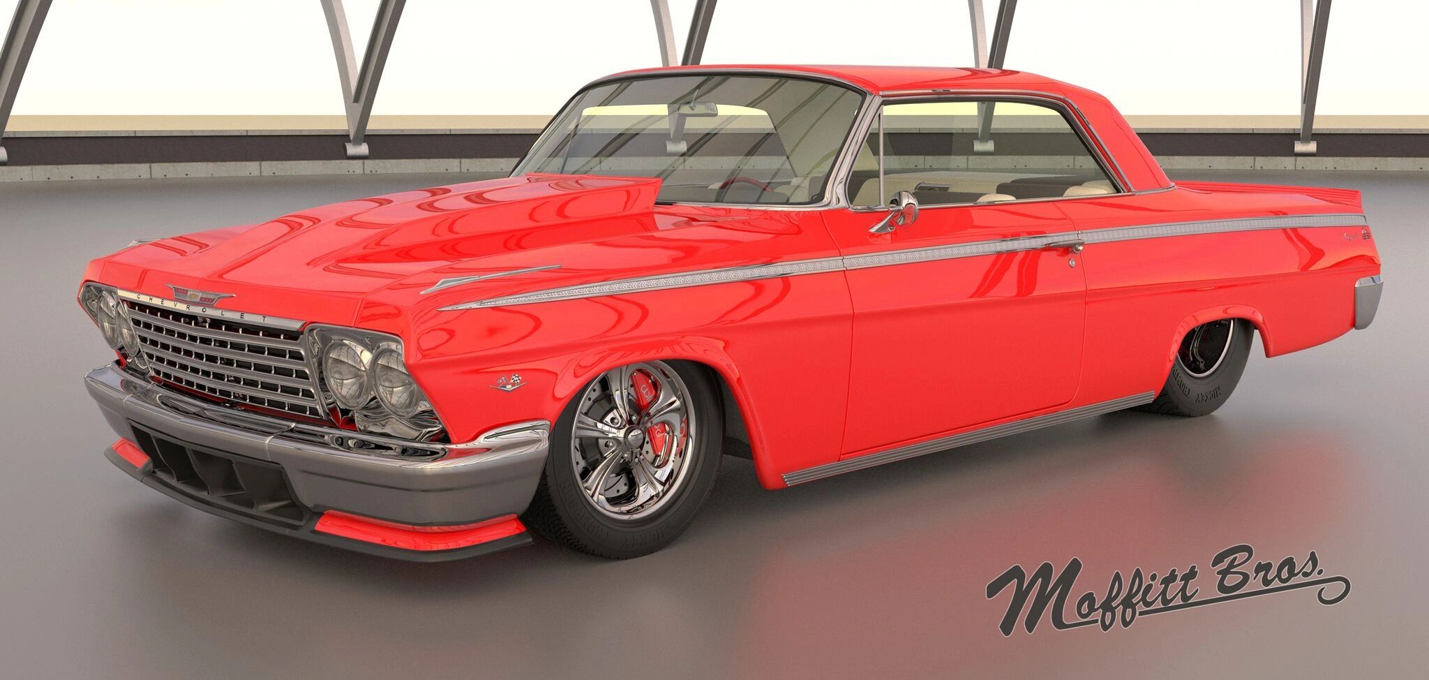 Custom Prostreet 1962 Impala featuring the Rat Tail Wheels, TMI Interior, full custom treatment.
