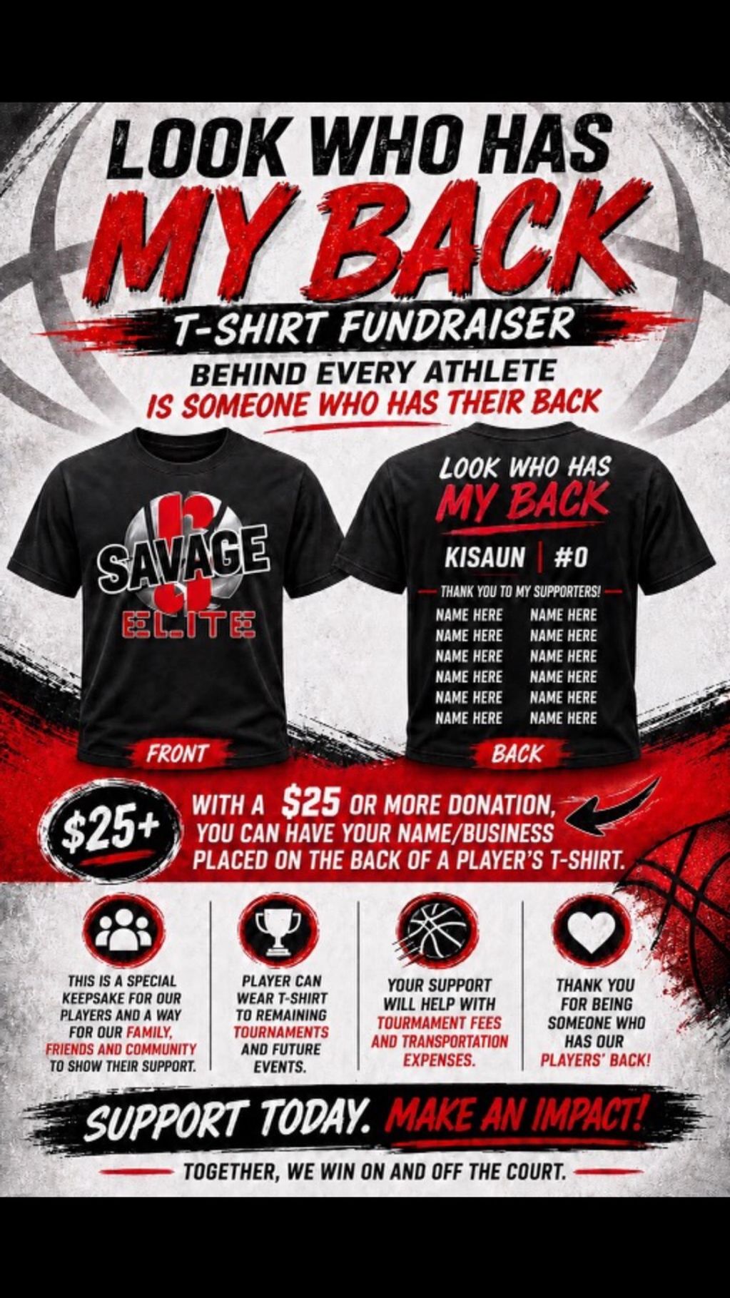 Fundraiser T-shirt promoting support for athletes, featuring player and supporter names.