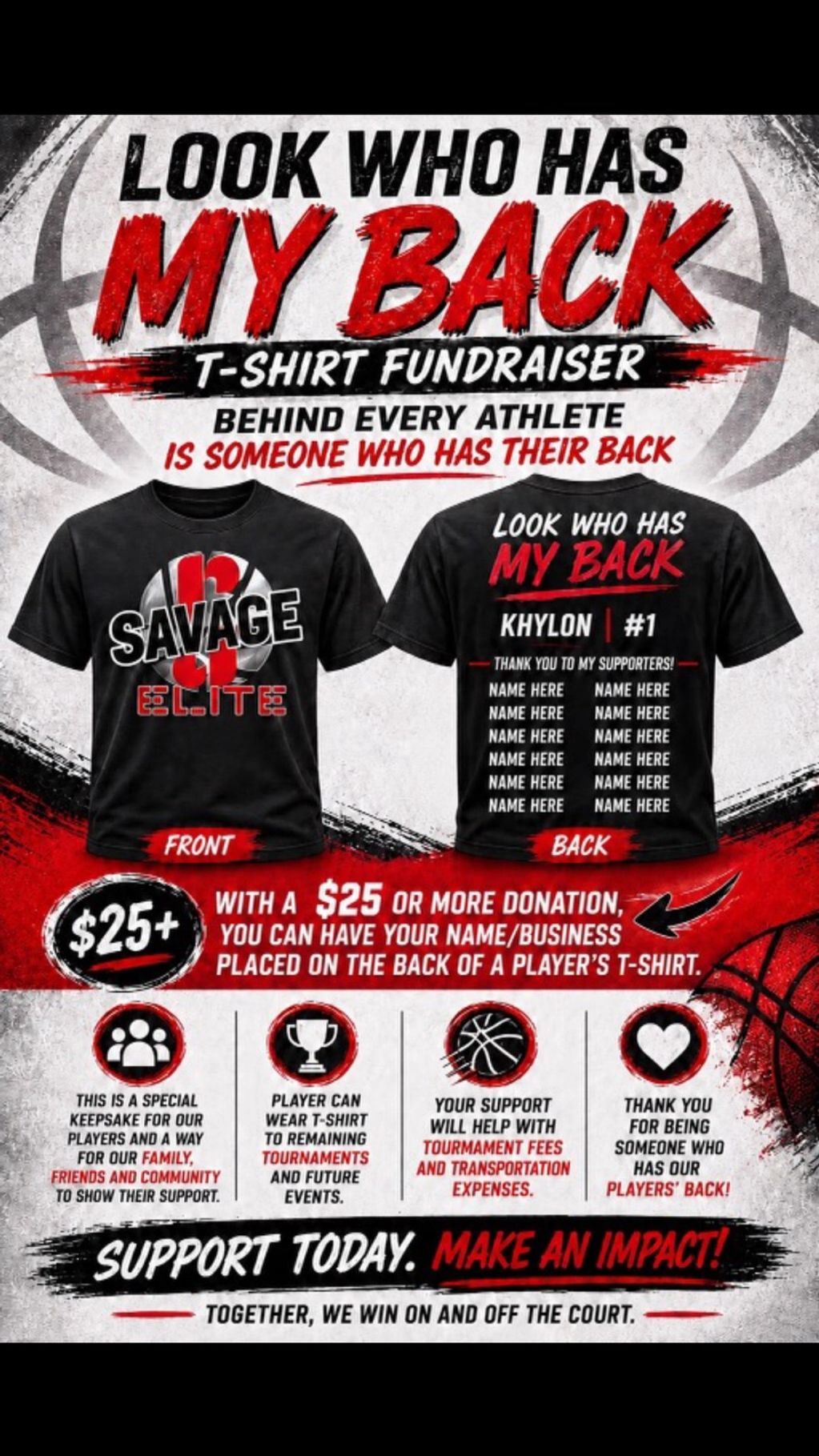 Fundraiser T-shirt promoting support for athletes with customizable names on the back.