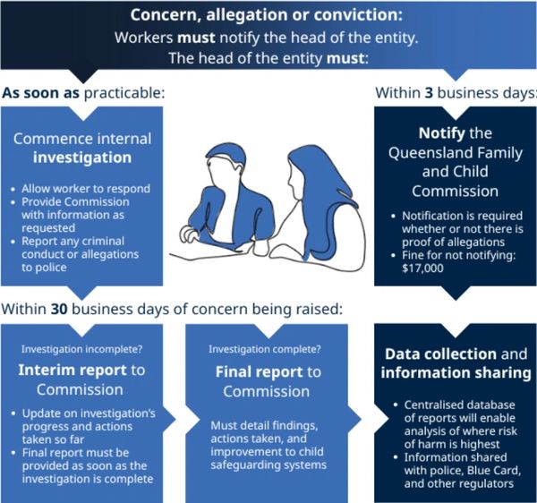 Flowchart outlining steps for reporting and investigating concerns in a child safety context.