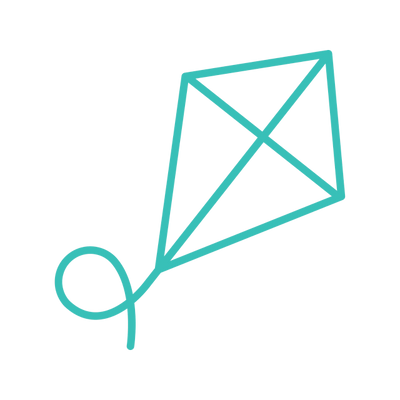 Simple turquoise kite line drawing on black background.