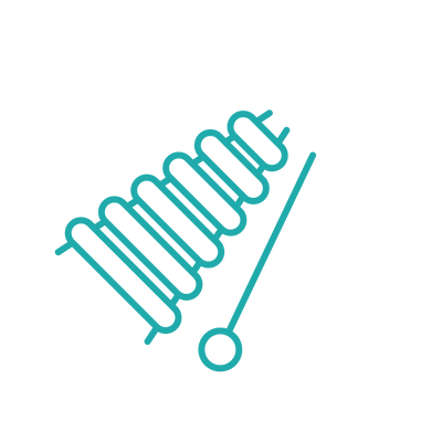 A teal outline of a xylophone with a mallet against a black background.