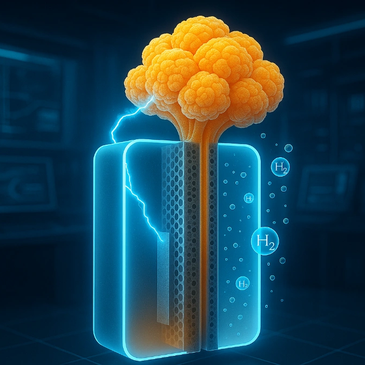 Futuristic hydrogen battery with energy burst and lightning effect.