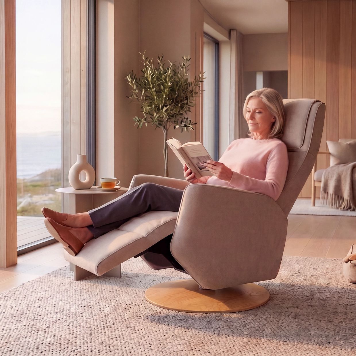 Woman reading in a recliner by the window.