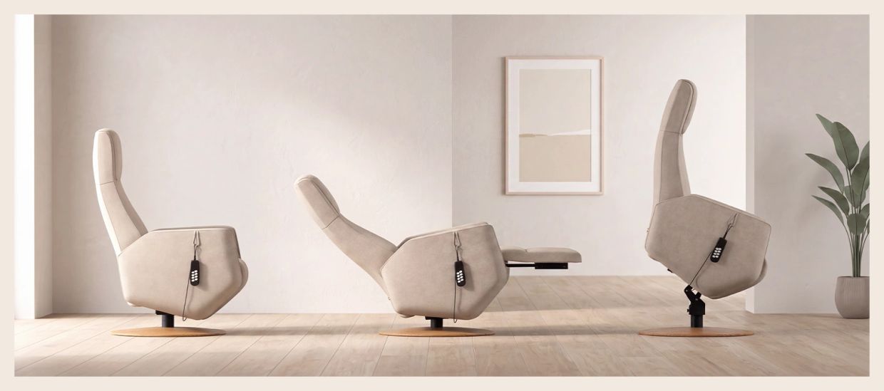 Modern beige recliner chair in three positions.