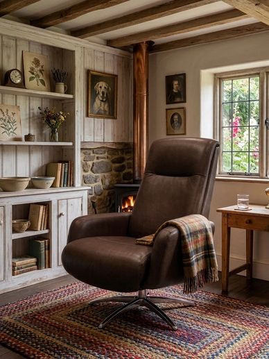 Cozy living room with leather chair, fireplace, and garden view.