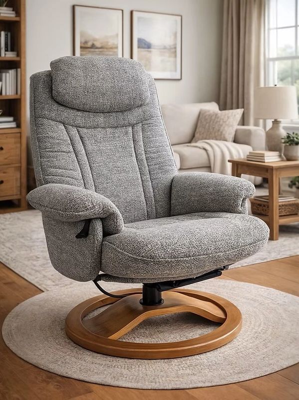 Gray cushioned swivel chair in living room.