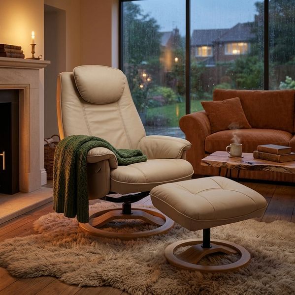 Cozy living room corner with beige armchair and ottoman.