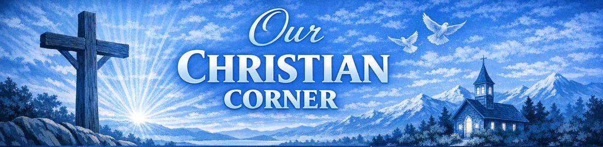 Christian-themed banner with a cross, church, doves, and the text 'Our Christian Corner'.