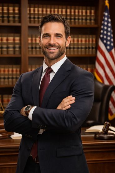 Male attorney in front of law books to illustrate law firm advertising.