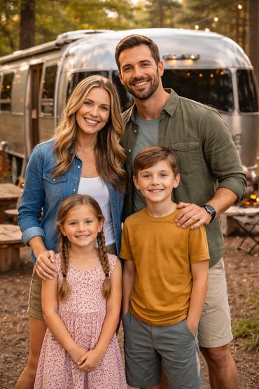 Family pictured in front of an airstream RV for RV marketing.