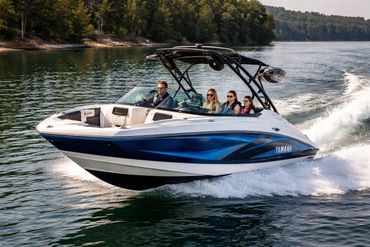 Yamaha boat on the lake for marine advertising.