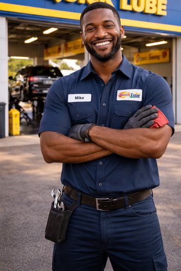 African American male in front of a oil change business for trades marketing.