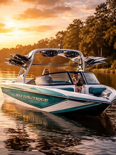 ski nautique boat on lake for marine marketing and marine advertising, boats and boat advertising