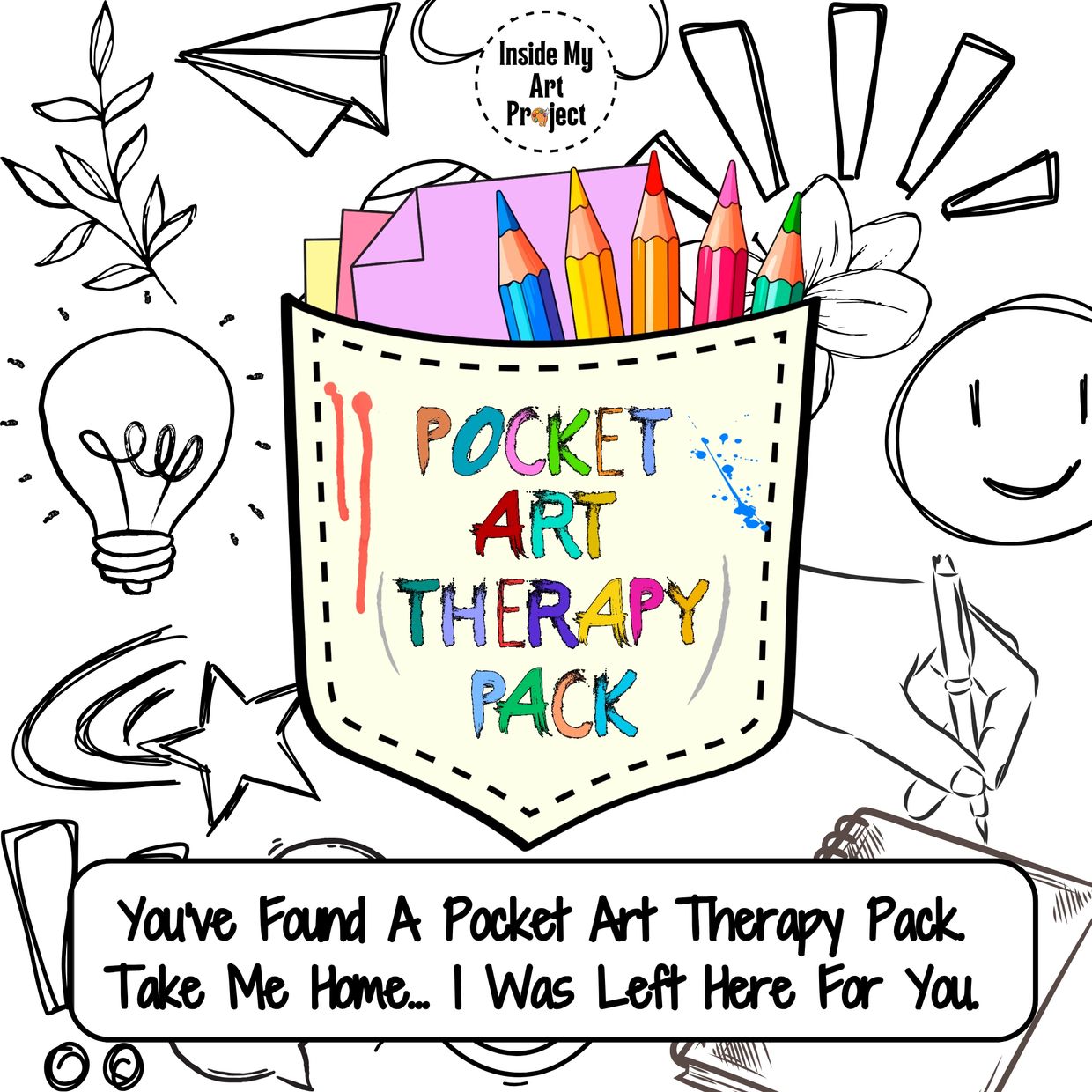Colorful Pocket Art Therapy Pack with pencils and papers in a pocket illustration.