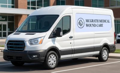 McGrath Medical Wound Care service van parked outside a medical office.
