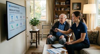Home health nurse helping an older adult review a care-management screen in his living room.
