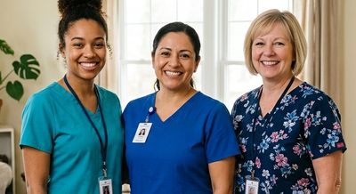 Three home health care professionals standing together in a patient’s home.