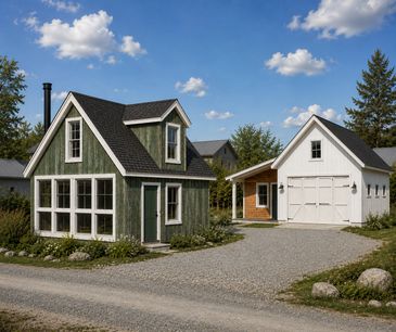 A green tiny house and a white garage under a blue sky.