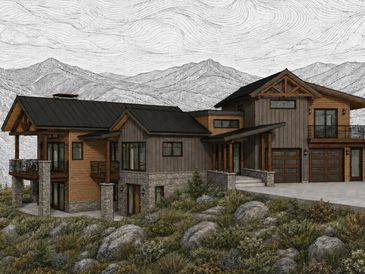Modern rustic mountain home with wood, stone, and metal accents.