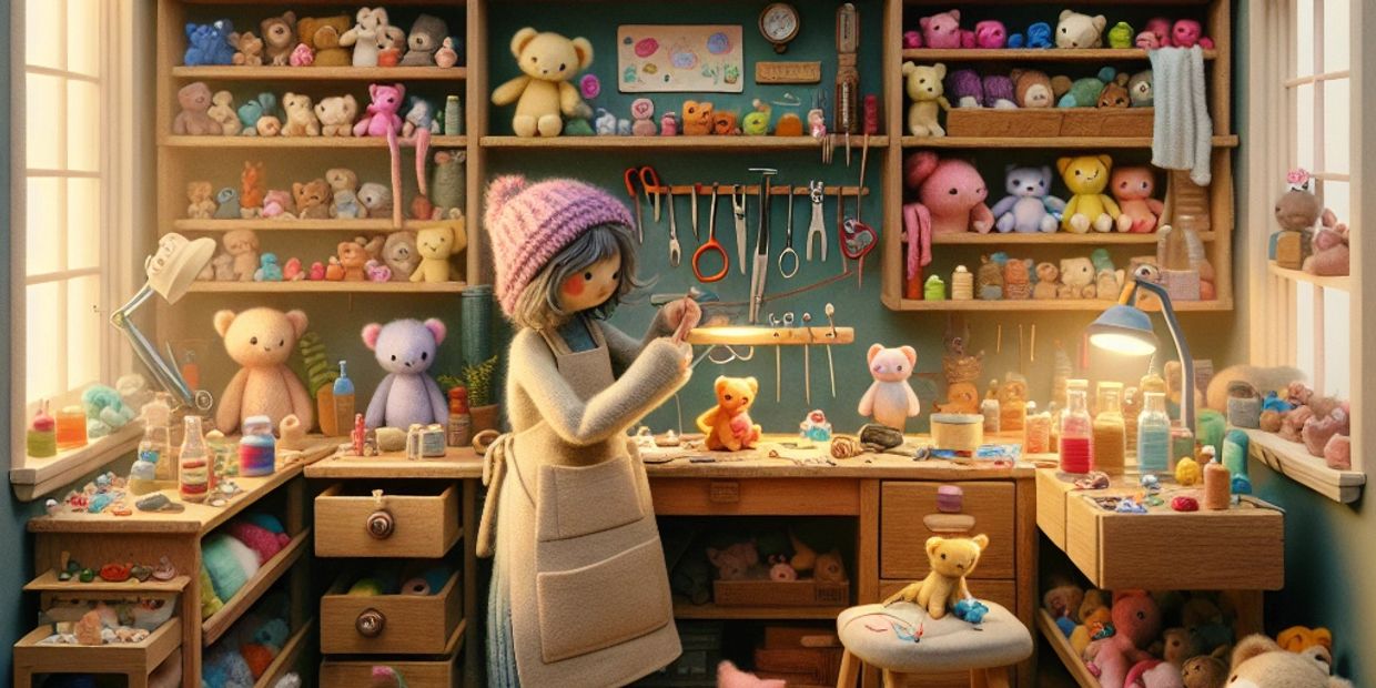 its a cartoon image of a lady repairing a Jellycat toy