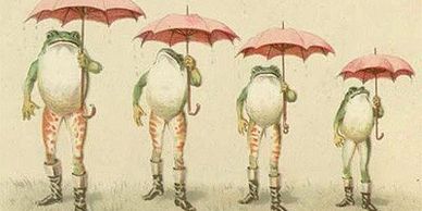 Drawing of frogs with umbrellas and shoes
