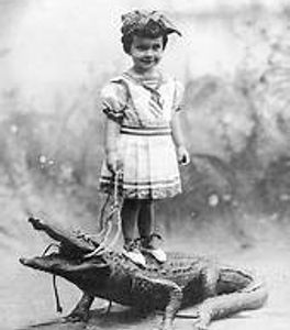 A girl standing on an alligator