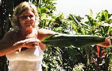 A woman stretching a leaf