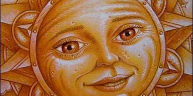 A drawing of a sun with a face