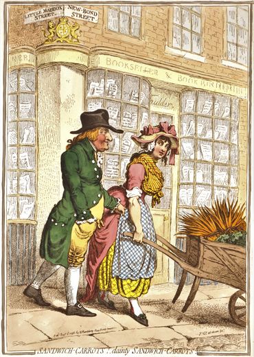 A drawing depicting a man and a woman moving a cart