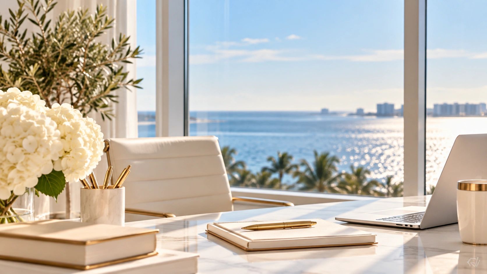 Bright office desk with ocean view and golden accents.
