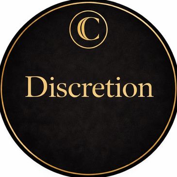 Two black and gold circular designs with words 'Discretion' and 'Partnership'.