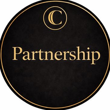 Two black and gold circular designs with words 'Discretion' and 'Partnership'.