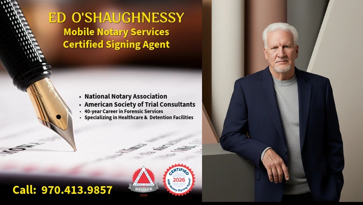Business card for Ed O'Shaughnessy, Mobile Notary Services.