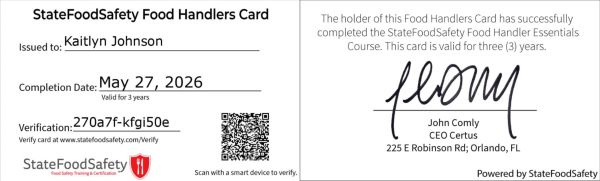 StateFoodSafety Food Handlers Card for Kaitlyn Johnson, valid until May 27, 2026.