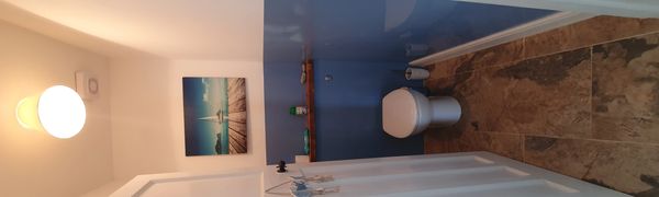 Small bathroom with blue walls and a sailboat painting.