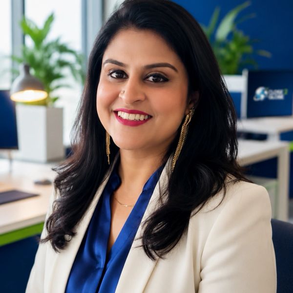 Smiling professional woman in office setting.