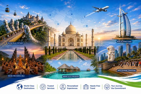 Collage of iconic world destinations with travel themes.