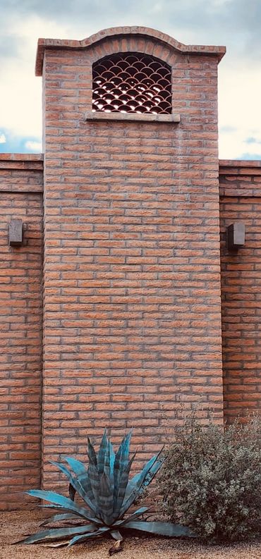 Tall brick chimney with arched vent and desert plants below.