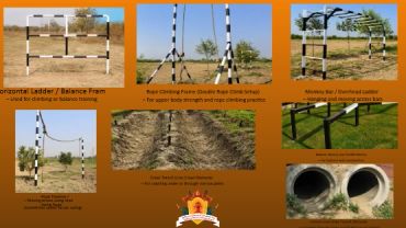 Outdoor training equipment set up in a field for climbing and balance exercises.