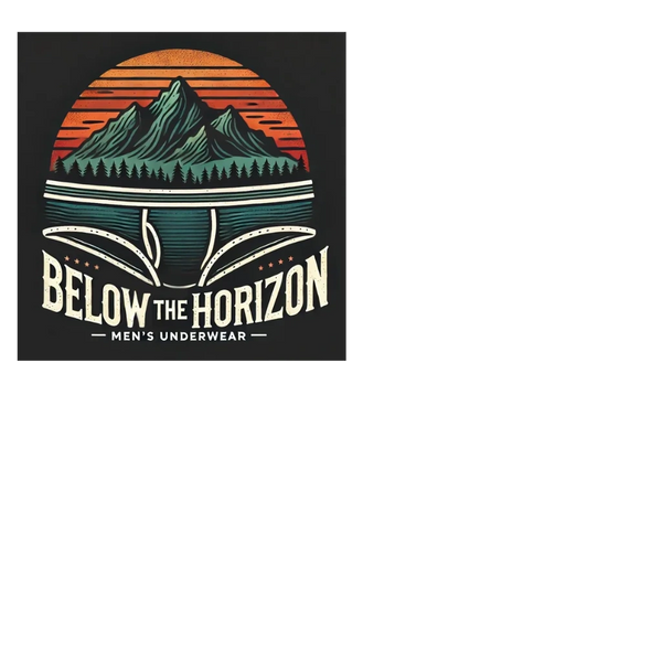 Below The Horizon. Company logo featuring a sunset over the mountains wearing underwear.