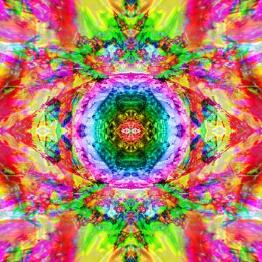 Vibrant kaleidoscopic pattern with intense colors and symmetrical design.