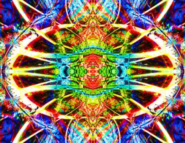 Vibrant symmetrical abstract art with intense colors and intricate patterns.
