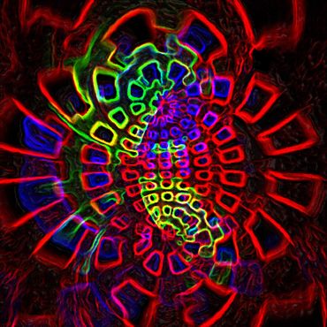 Vibrant swirling abstract pattern with red, green, blue, and yellow hues.