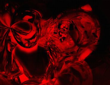 Abstract red and black swirling digital art with distorted shapes and reflections.