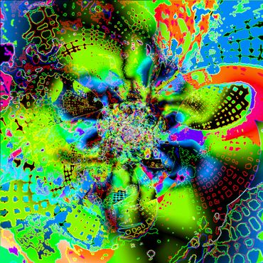 Vibrant psychedelic swirl with neon colors and intricate patterns.